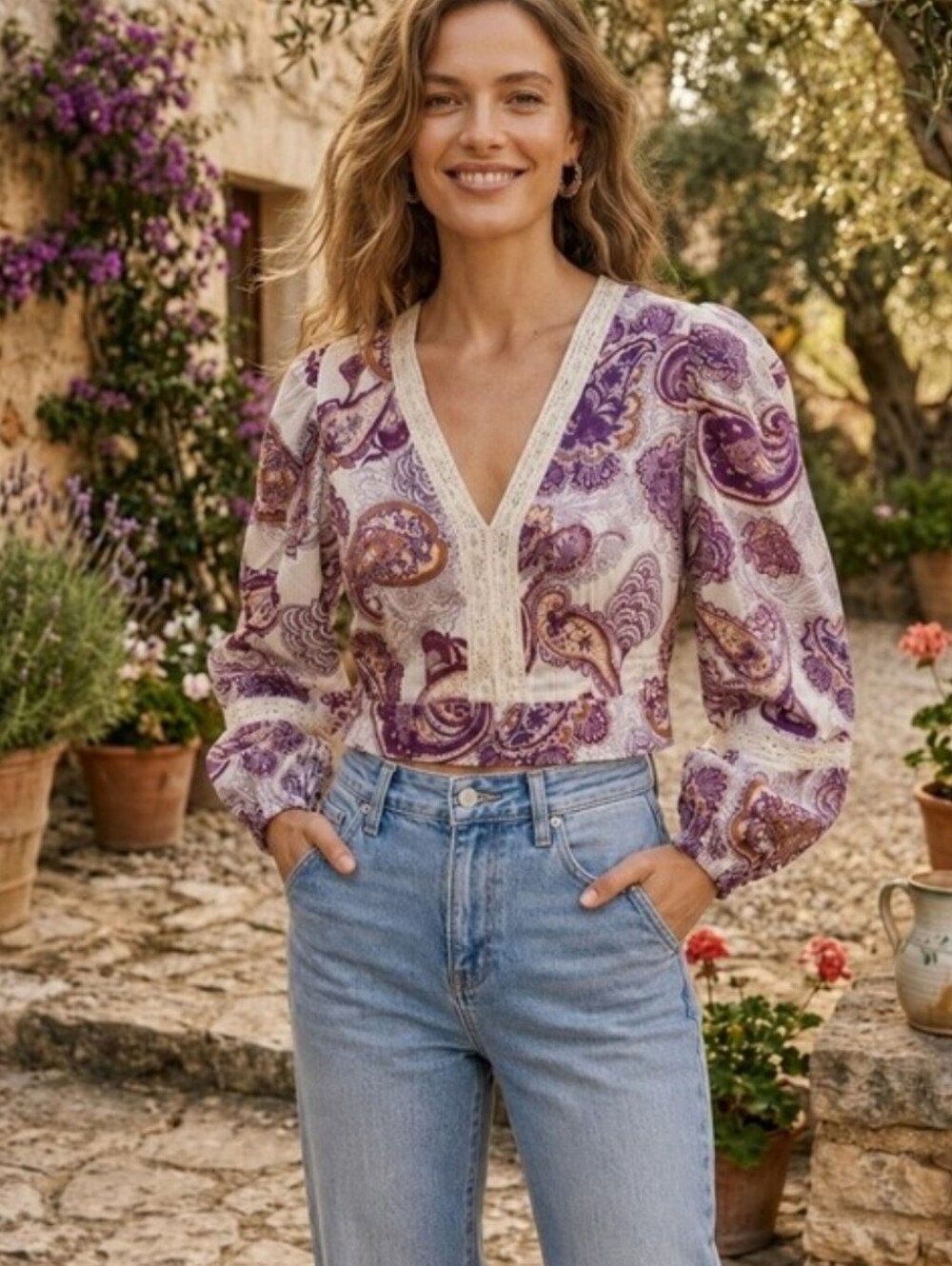 COPY Band Of The Free Band Of The Free V-Neck Paisley Peasant Blouse
